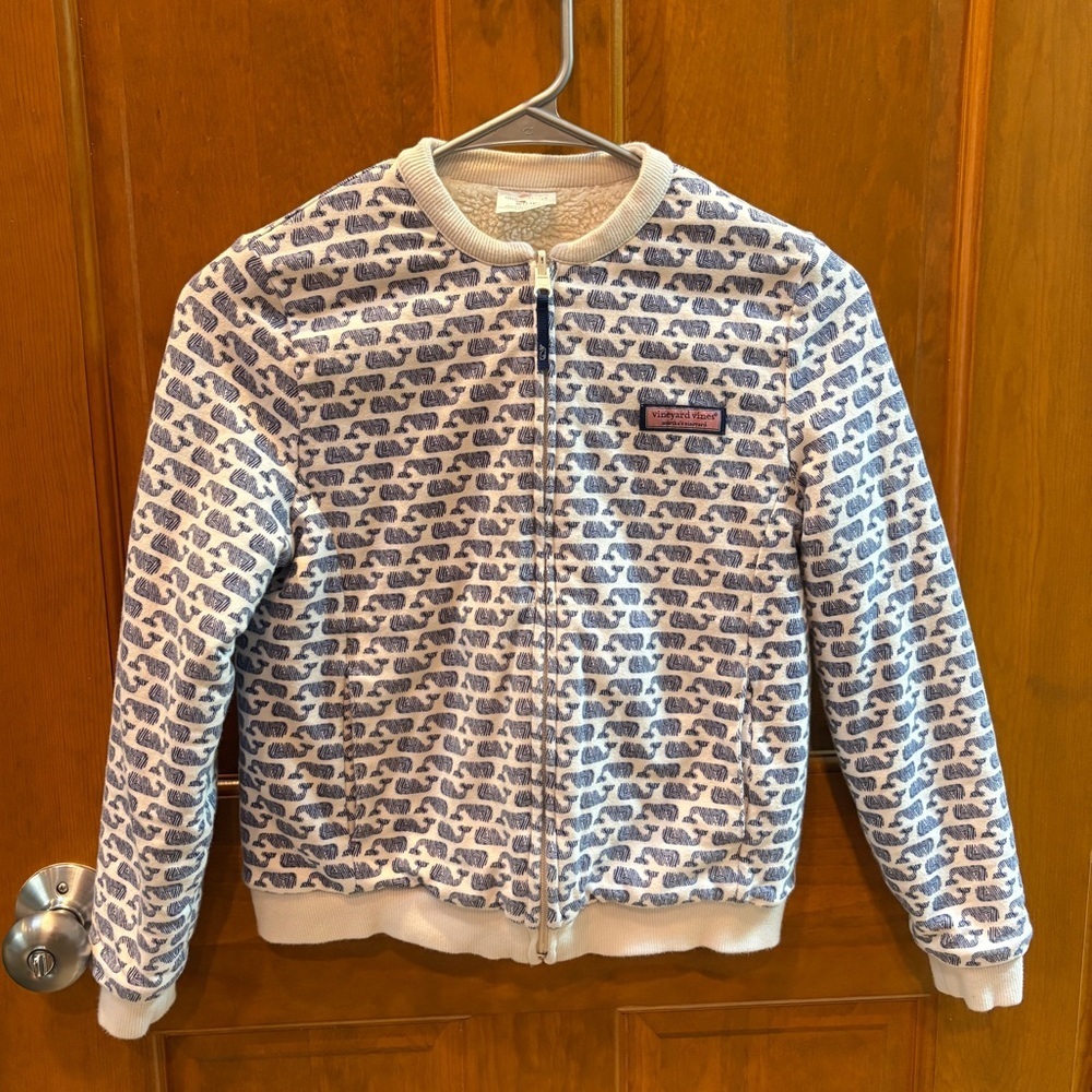 Vineyard Vines Girls Reversible Whale Print Sherpa Bomber Jacket Size M 10-12 - Picture 3 of 11